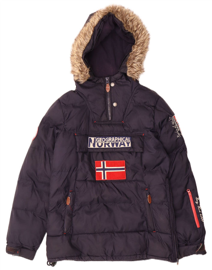 Giacca imbottita anorak con cappuccio da uomo norvegese UK 36 piccola in poliestere blu navy