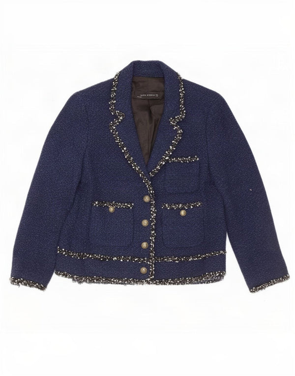Zara Womens 3/4 Sleeve 4 Button Blazer Jacket UK 12 Medium Navy Blue