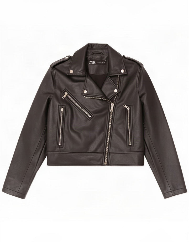 Zara Giacca da motociclista in ecopelle da donna UK 12 Media Nero Poliuretano