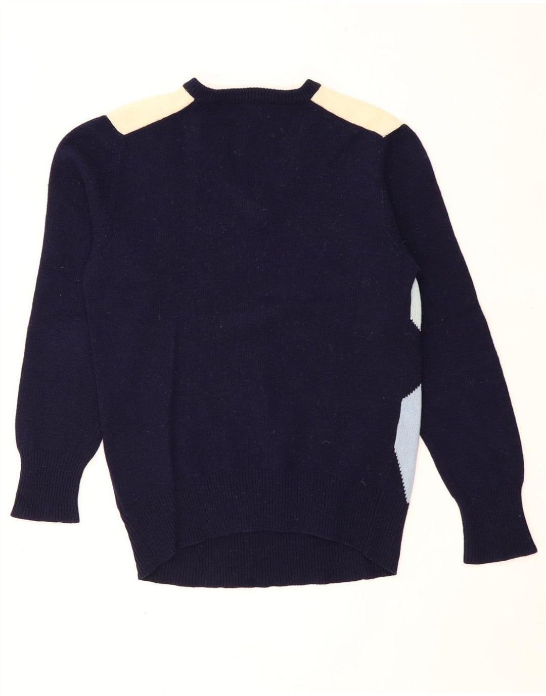 VINTAGE Womens V-Neck Jumper Sweater UK 12 Medium Navy Blue Argyle/Diamond