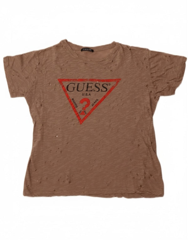 Guess T-shirt grafica traforata da donna Top UK 14 Marrone medio
