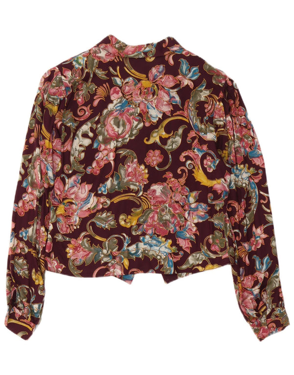 Camicetta camicia vintage da donna UK 10 piccola viscosa floreale bordeaux
