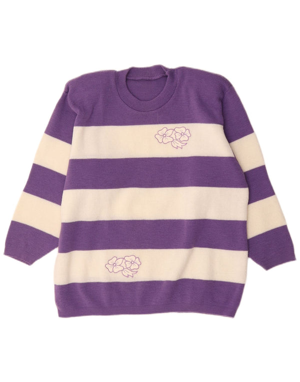 Maglione maglione girocollo da donna vintage UK 14 grandi strisce viola