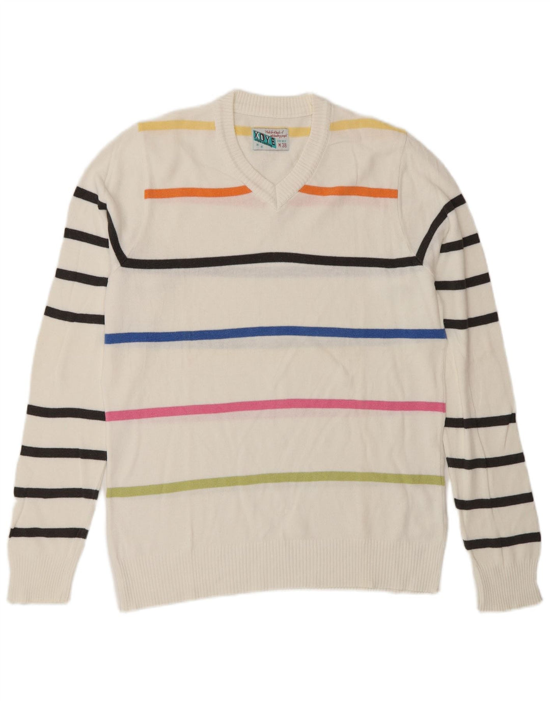 XDYE Maglione da uomo con scollo a V a righe bianche medie