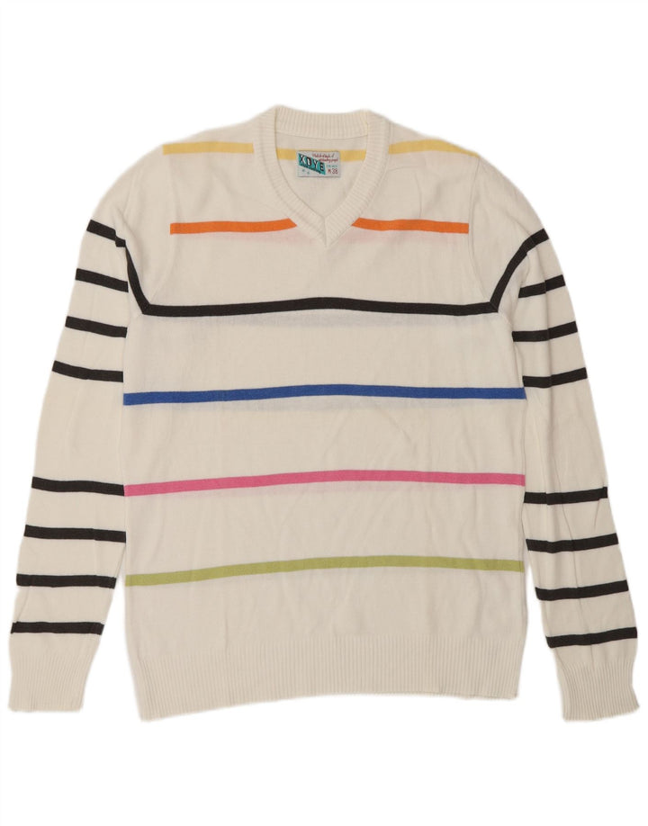 XDYE Maglione da uomo con scollo a V a righe bianche medie