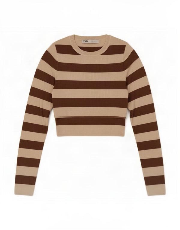 Top corto da donna Zara a maniche lunghe UK 8 piccolo in viscosa a righe marroni