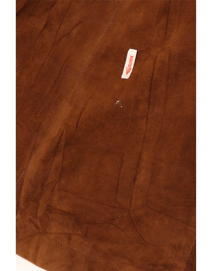 Giacca blazer in pelle scamosciata a 1 bottone vintage da donna lunga UK 10 piccola marrone
