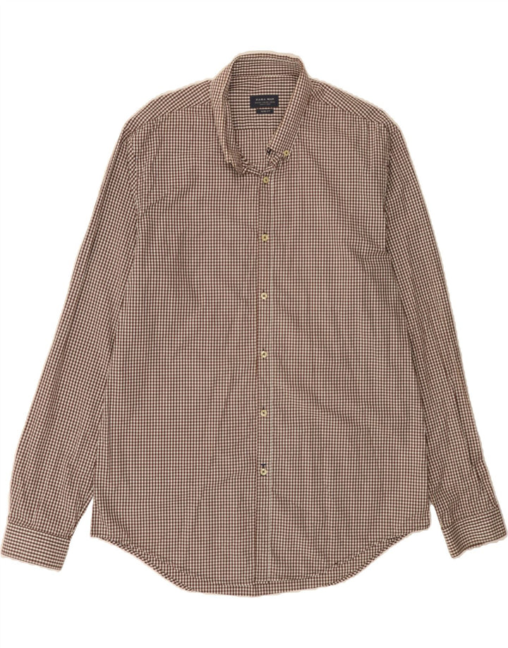 ZARA Mens Slim Fit Shirt 2XL Brown Gingham Cotton Vintage Zara and Second-Hand Zara from Messina Hembry 