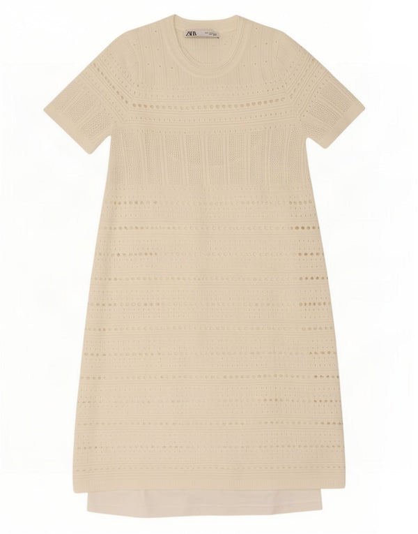 Abito maglione a maniche corte da donna Zara UK 8 Small in viscosa a righe bianco sporco