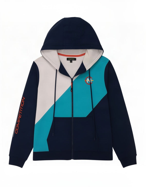 Maglione con cappuccio e zip grafica da uomo Nautica, cotone color block medio blu navy