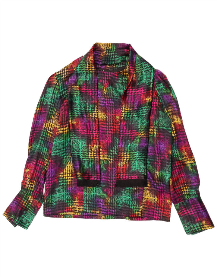 Top camicetta a maniche lunghe da donna vintage UK 18 XL pied de poule multicolore