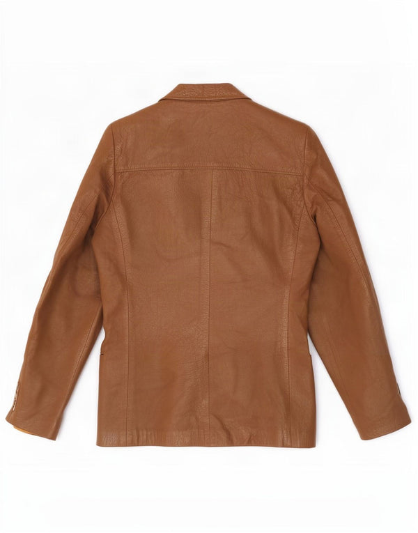 Giacca blazer in pelle doppio petto vintage da donna UK 14 marrone medio