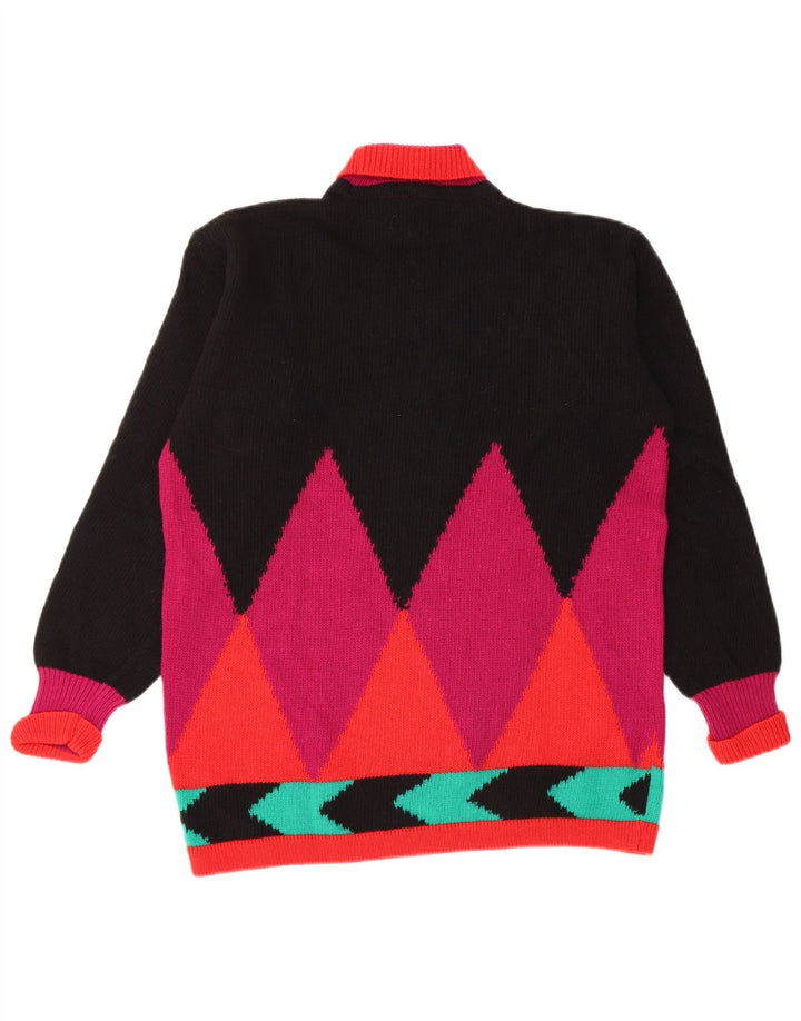 Maglione maglione vintage da donna con collo alto UK 12 medio nero a rombi/diamante