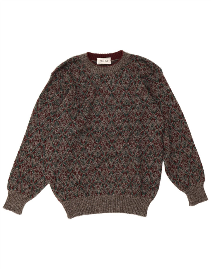 Maglione girocollo da uomo vintage in lana geometrica grigio medio