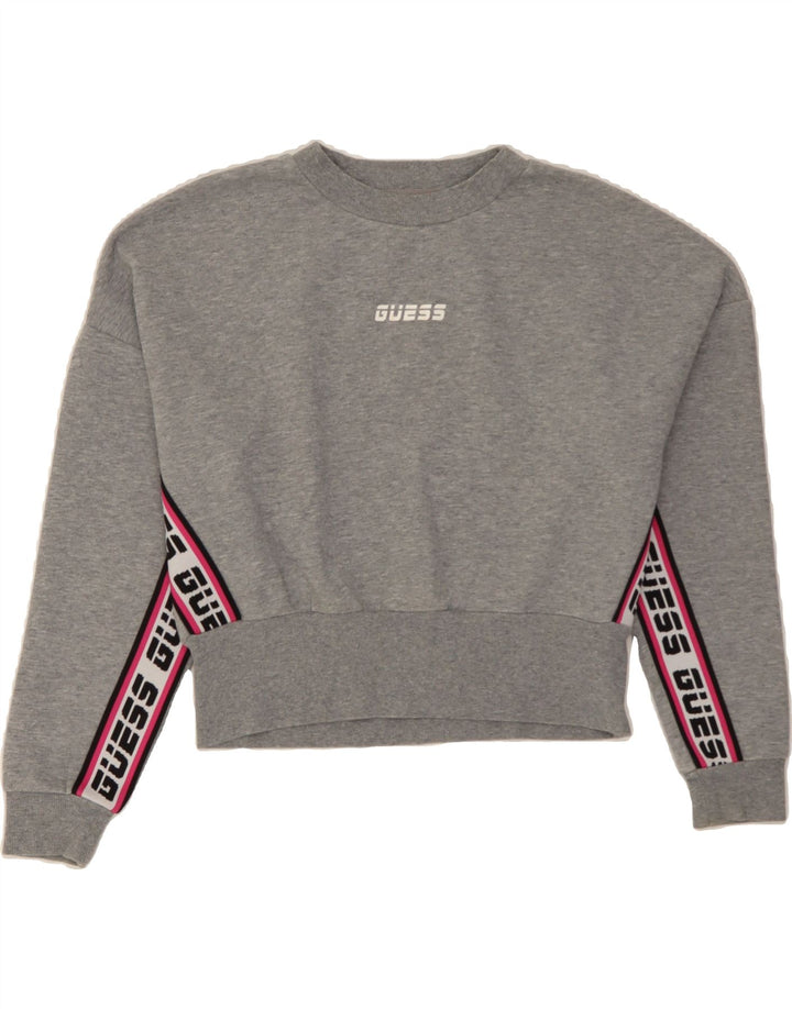 GUESS Womens Crop Graphic Sweatshirt Jumper UK 14 Medium Grey Colourblock Vintage Guess and Second-Hand Guess from Messina Hembry 