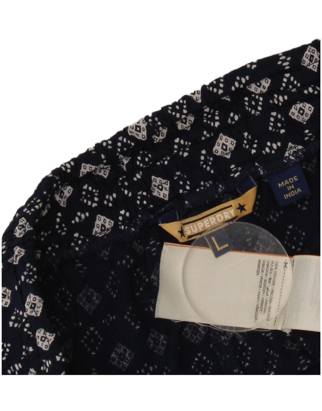Pantaloni caldi da donna Superdry Large W32 in viscosa geometrica blu navy