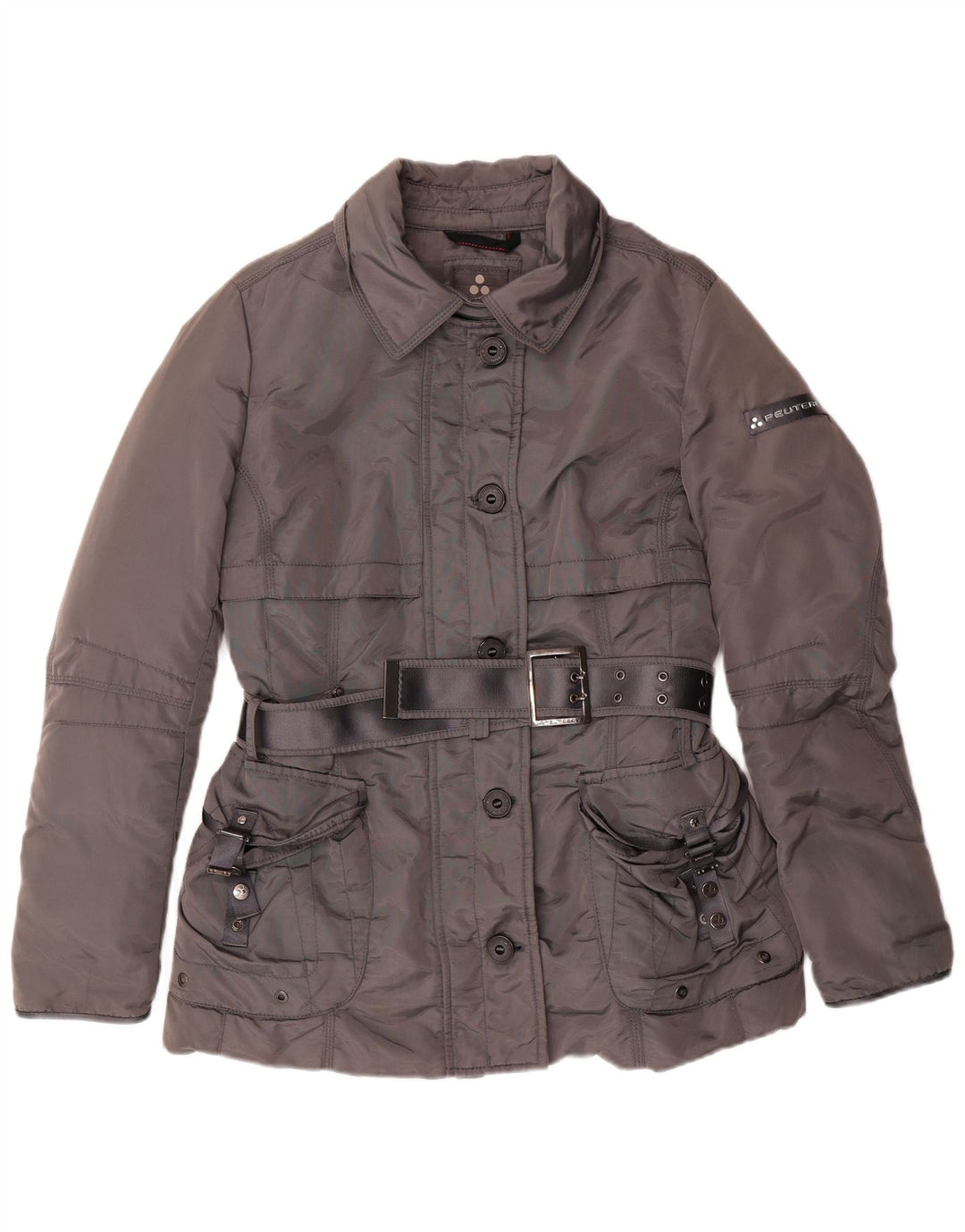PEUTEREY Giacca imbottita con cintura da donna IT 46 Large grigia in poliammide classica
