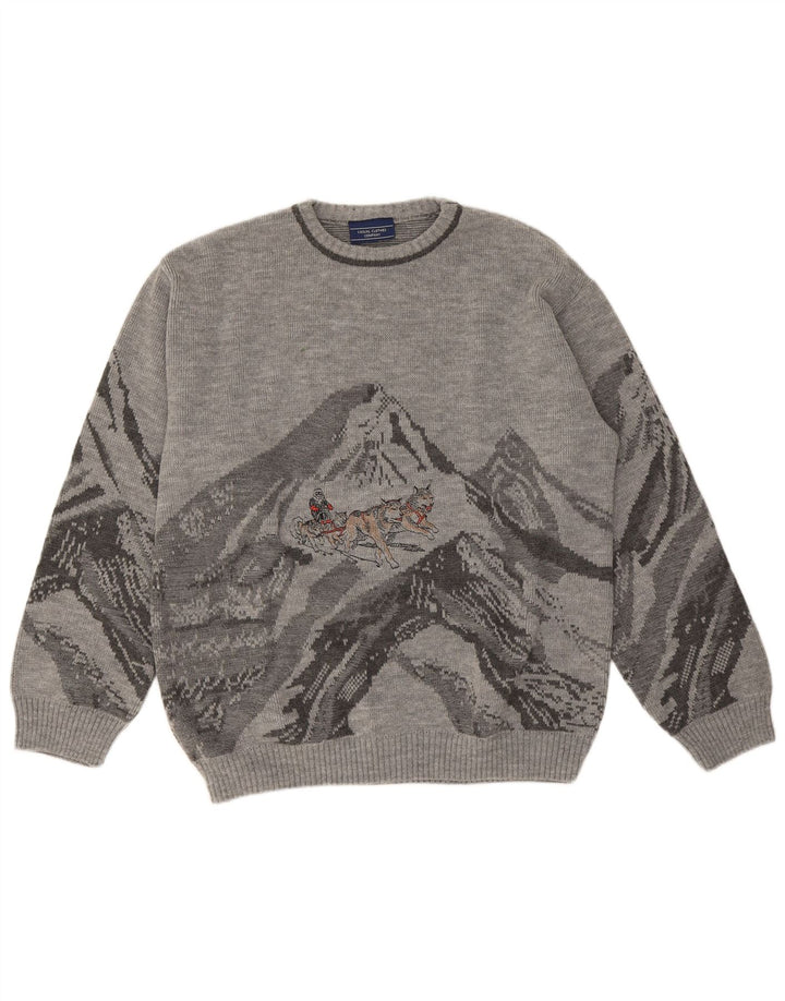 Maglione maglione girocollo con grafica vintage da uomo, grande, in poliacrilico grigio