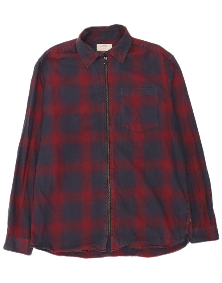 Jack & Jones Camicia da uomo con vestibilità regolare, zip intera, grande cotone scozzese blu