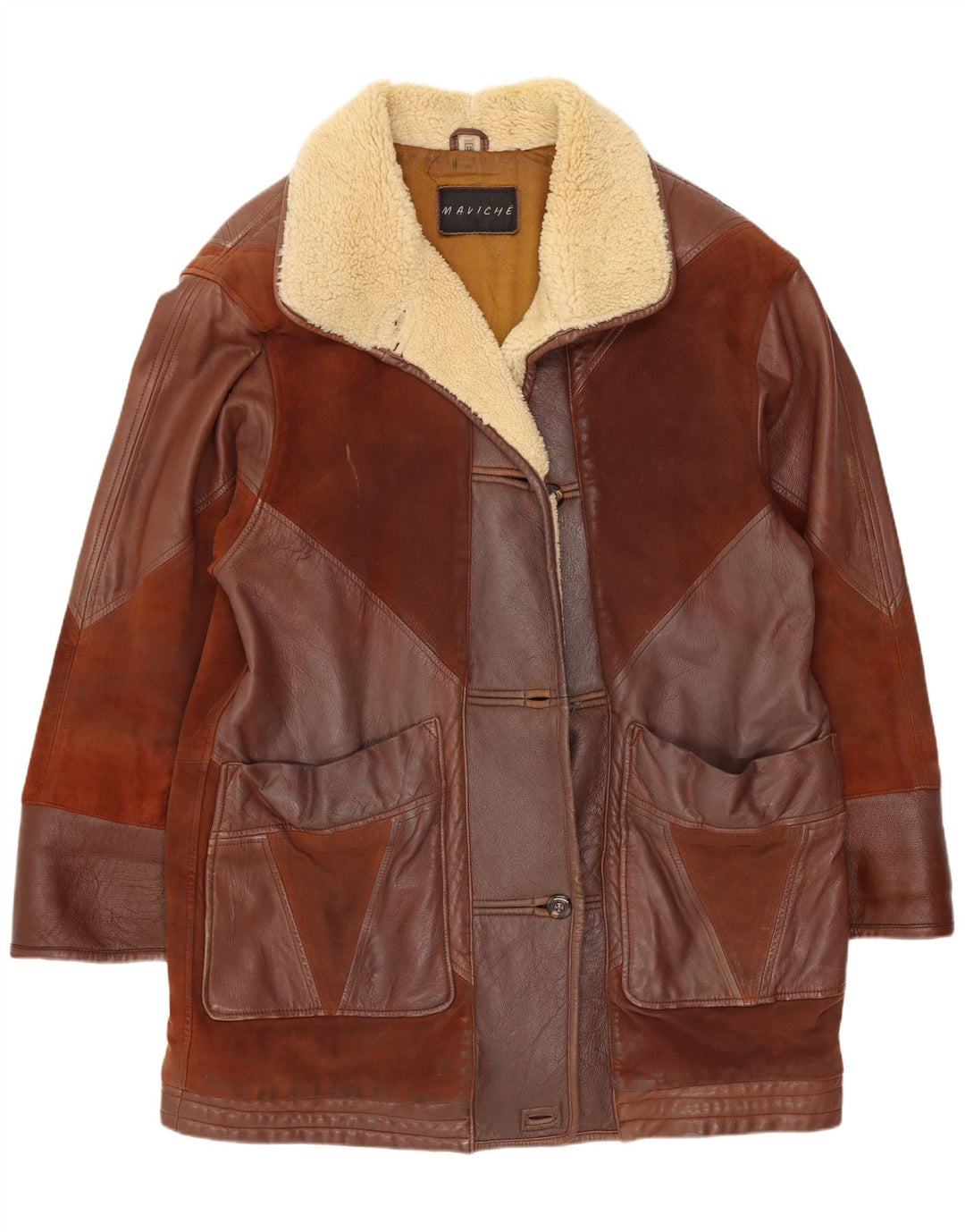 Cappotto oversize in pelle da donna Maviche UK 12 Colorblock marrone medio