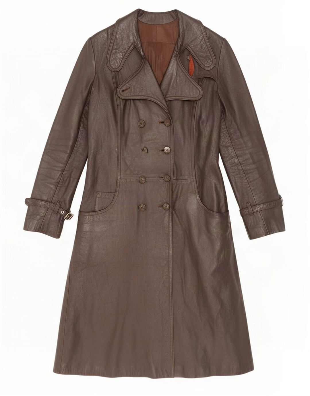 Cappotto in pelle doppio petto vintage da donna UK 12 Marrone medio