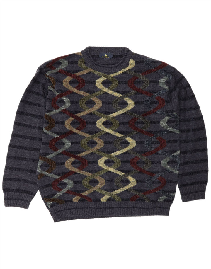 Maglione da uomo girocollo con motivo astratto Fiume Fiume XL a righe blu navy