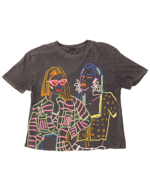 T-shirt grafica oversize da donna Zara UK 10 piccola in cotone grigio