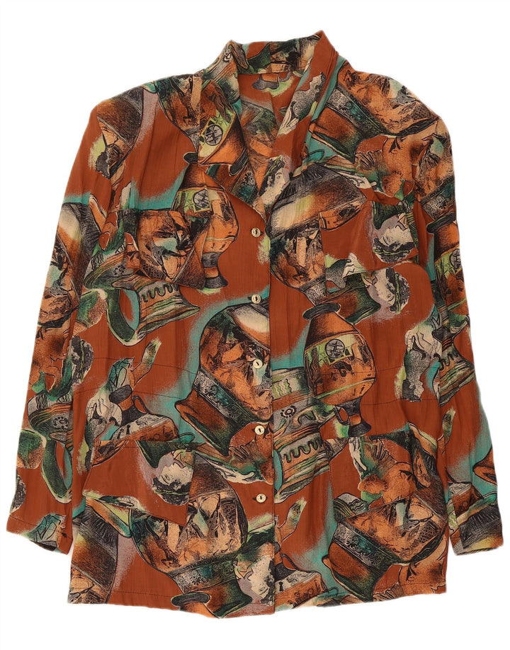Camicetta camicia vintage da donna con motivo astratto UK 18 XL Marrone