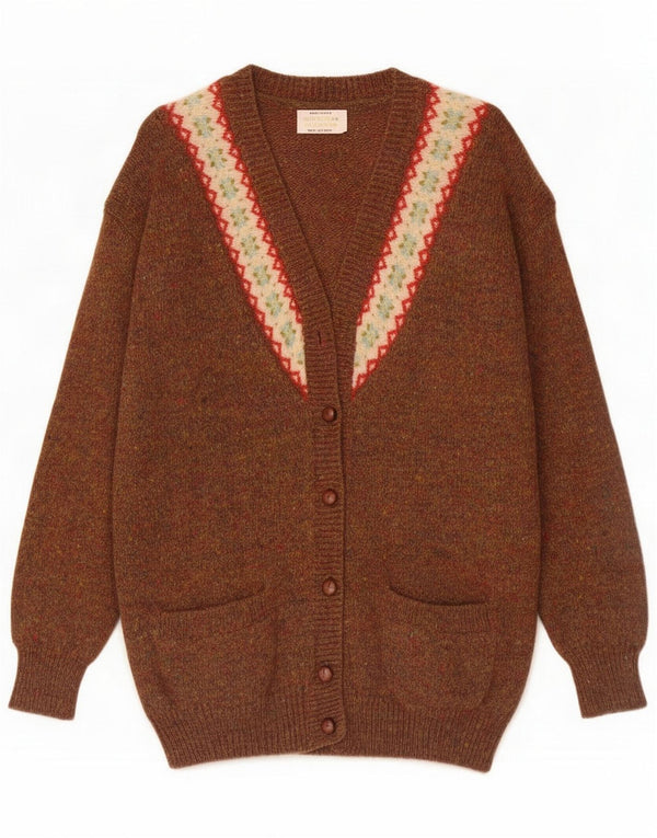 Benetton Maglione cardigan oversize da donna UK 6 XS Marrone Fair Isle