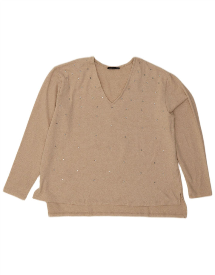 Maglione maglione con scollo a V da donna Zara UK 16 grande poliestere beige