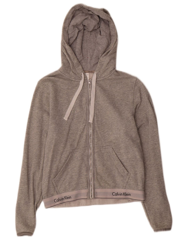 CALVIN KLEIN Felpa con cappuccio e zip grafica corta da donna UK 10 Small Grigio