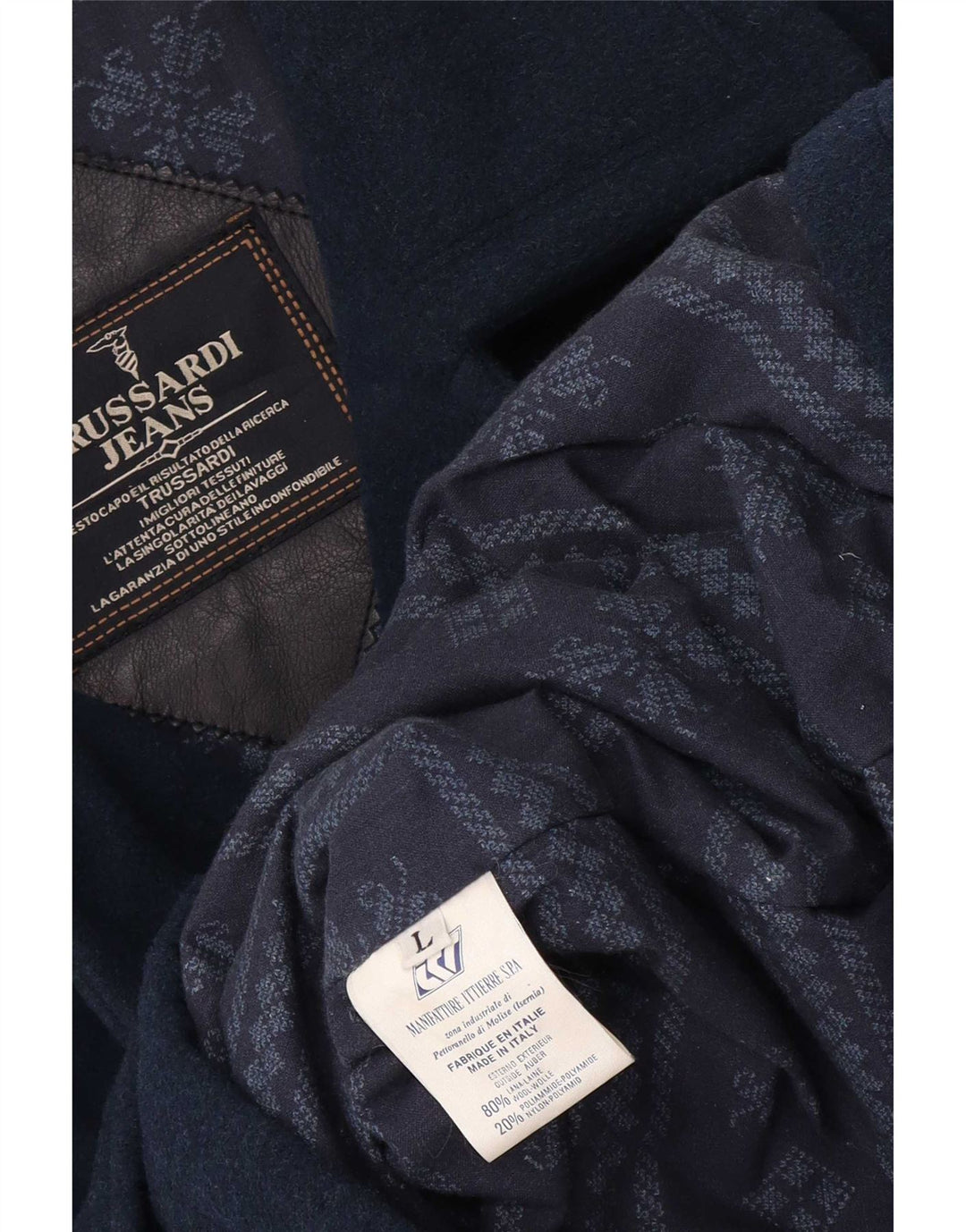 Cappotto da uomo Trussardi Jeans UK 40 Large in lana blu navy
