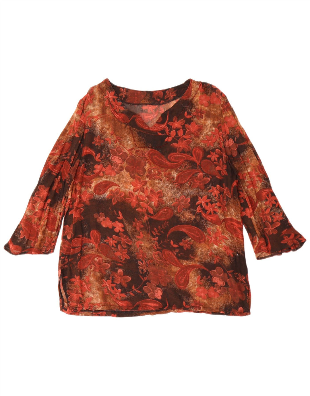 Top tunica vintage da donna con maniche a 3/4 UK 14 Paisley marrone medio