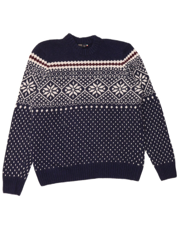 Maglione maglione girocollo da donna Rifle UK 16 grande lana Fair Isle blu navy