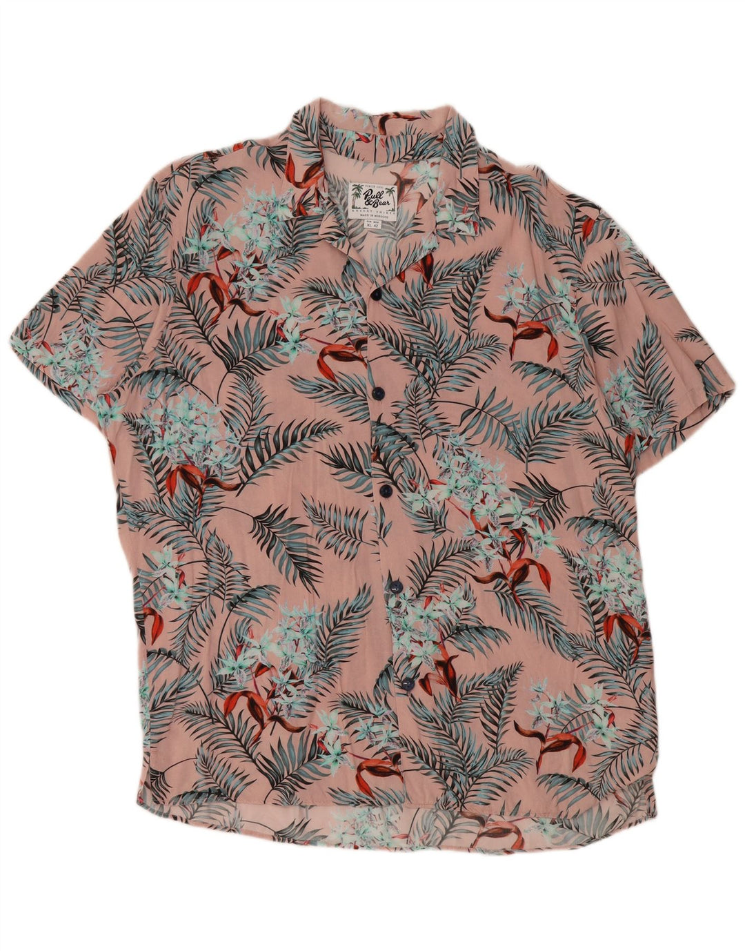 Camicia a maniche corte da uomo PULL & BEAR XL rosa hawaiana in viscosa floreale
