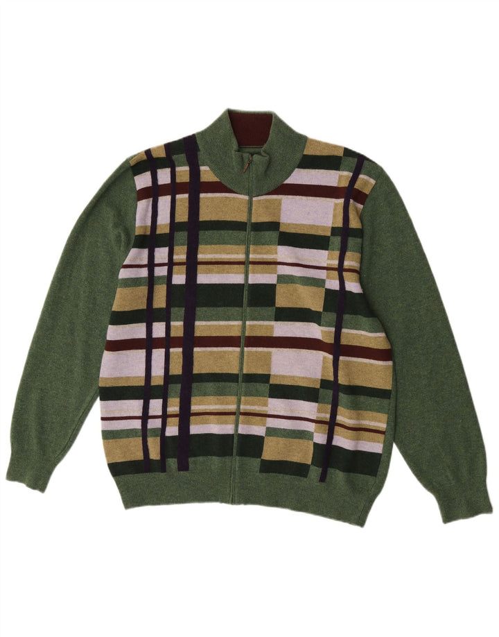 Maglione cardigan da uomo folk grande lana merino geometrica verde