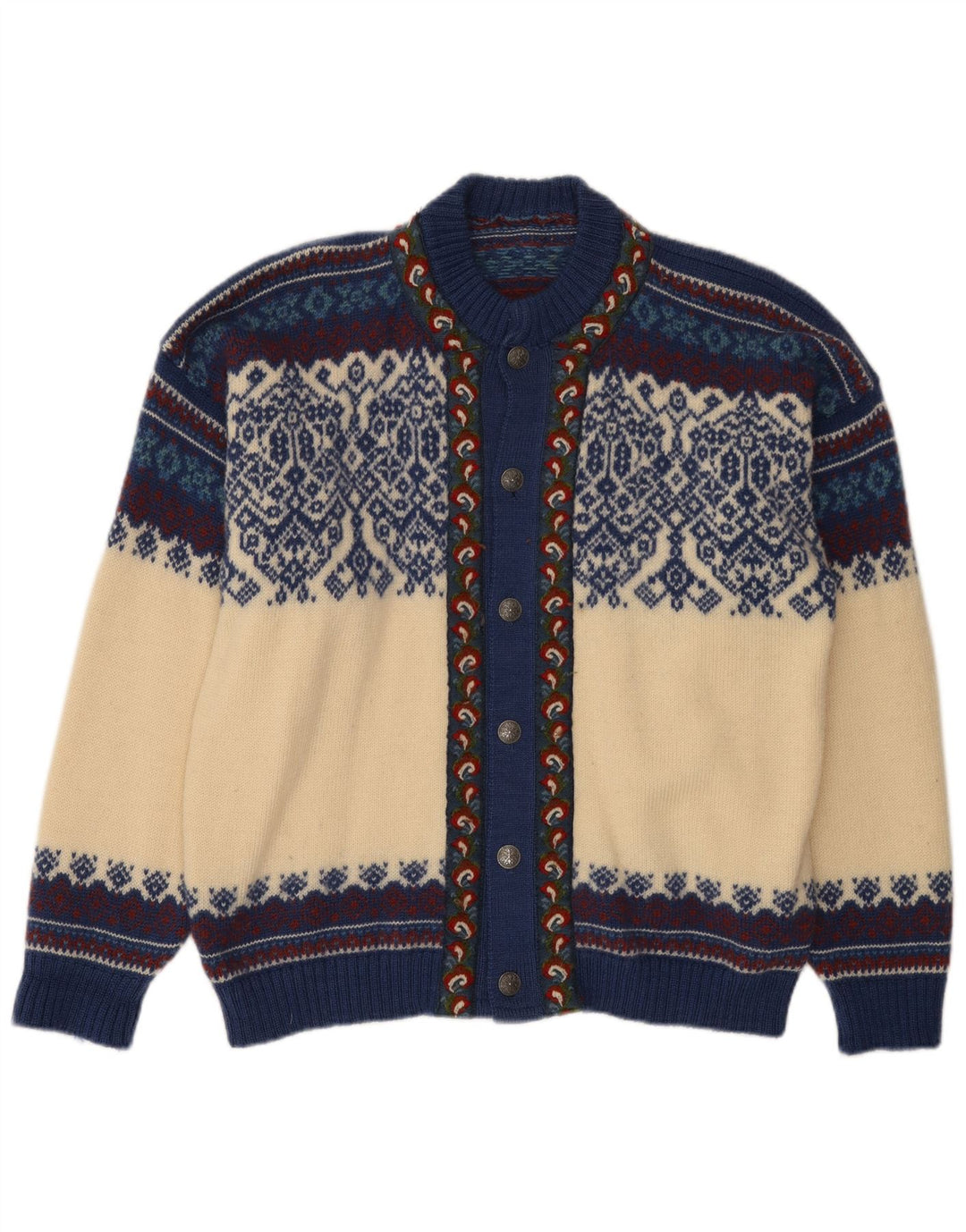 Maglione cardigan da uomo vintage grande Fair Isle bianco sporco