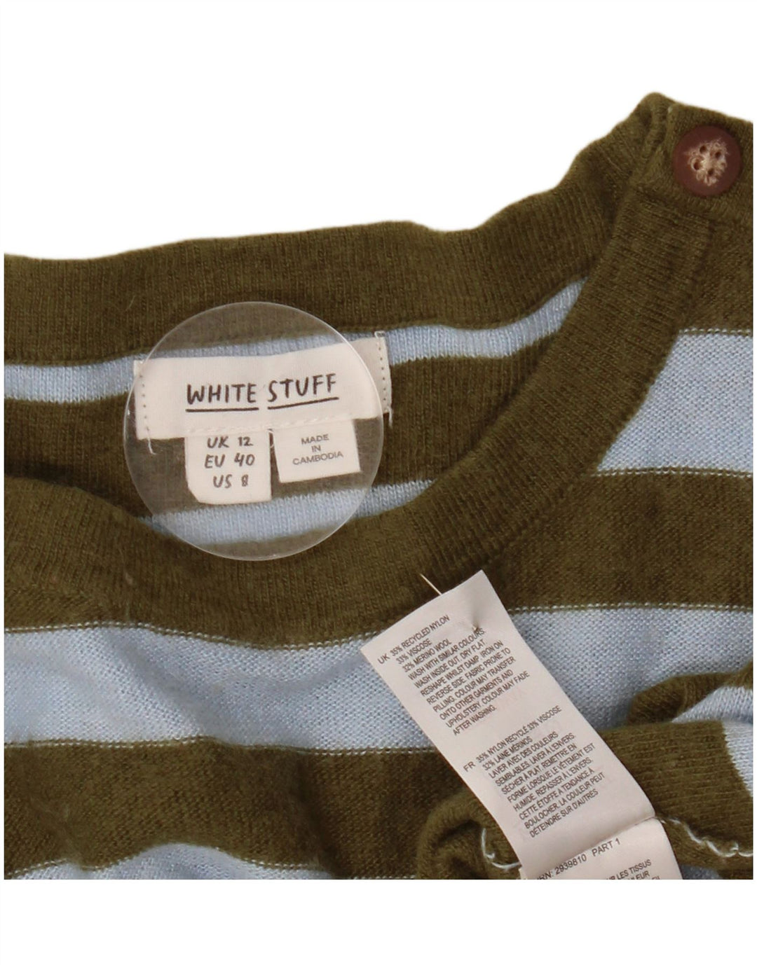 Maglione maglione con scollo a barca da donna di White Stuff UK 12 a righe kaki medie