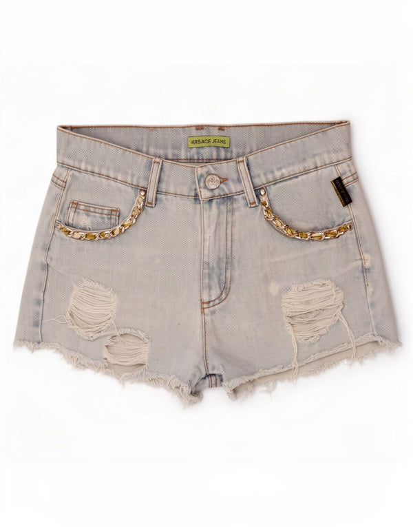 Pantaloncini di jeans invecchiati Versace da donna W28 cotone blu medio