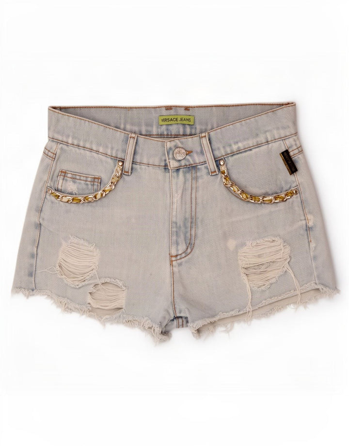Pantaloncini di jeans invecchiati Versace da donna W28 cotone blu medio
