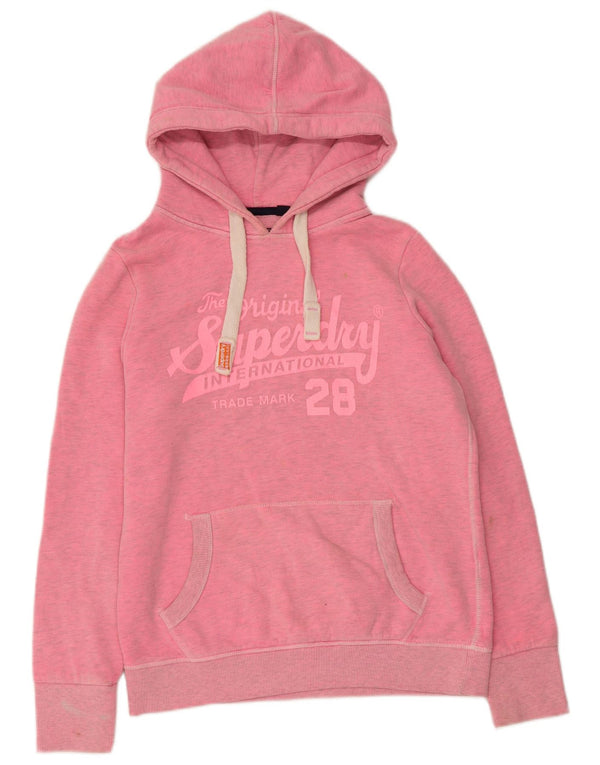 Felpa con cappuccio grafica da donna Superdry UK 16 grande cotone chiazzato rosa