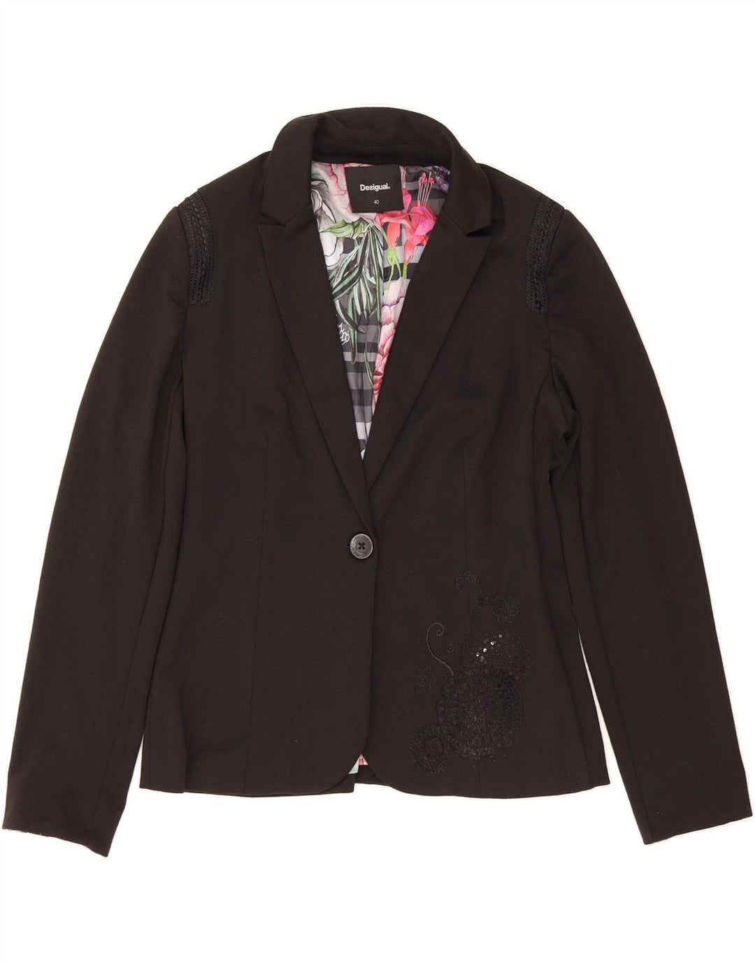 DESIGUAL Womens 1 Button Blazer Jacket EU 40 Medium Black Polyester Vintage Desigual and Second-Hand Desigual from Messina Hembry 