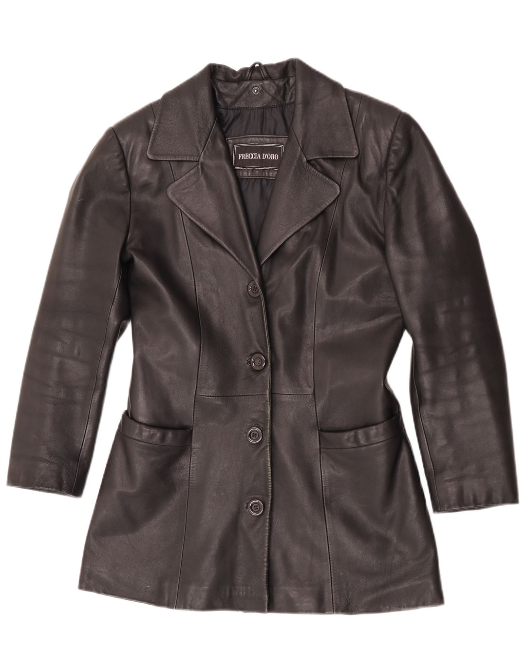 Giacca blazer in pelle vintage da donna a 4 bottoni UK 10 piccola in pelle nera
