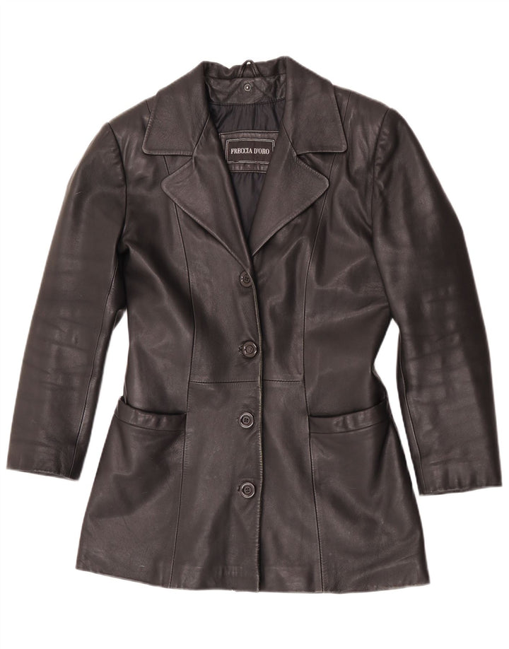 Giacca blazer in pelle vintage da donna a 4 bottoni UK 10 piccola in pelle nera