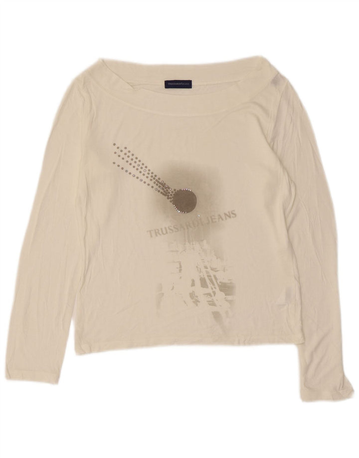 TRUSSARDI JEANS Top corto da donna con grafica manica lunga UK 12 Medium White