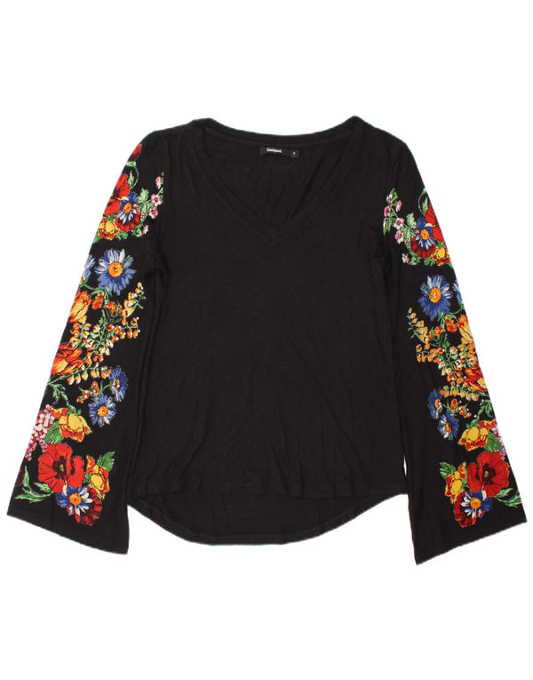 Desigual Donna Top Manica Lunga UK 10 Piccolo Nero Floreale