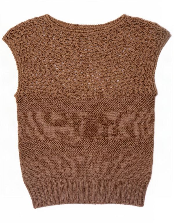 Maglione da donna vintage a maniche corte con scollo a barca UK 10 piccolo marrone