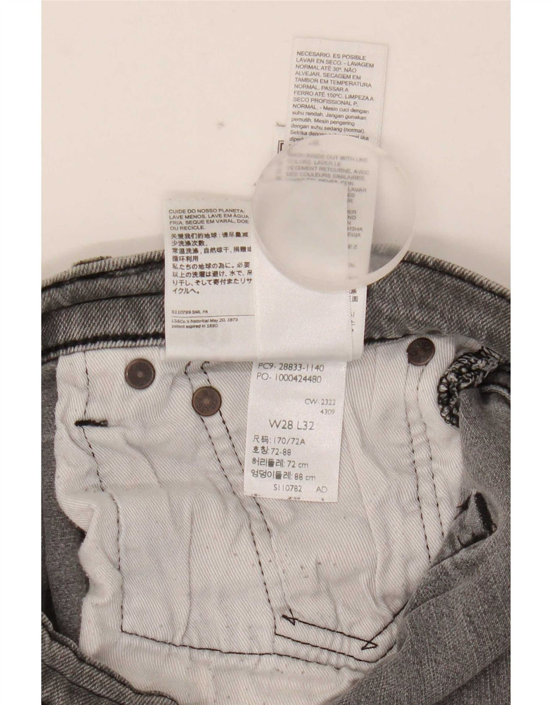Jeans slim da uomo Levi's W28 L32 cotone grigio
