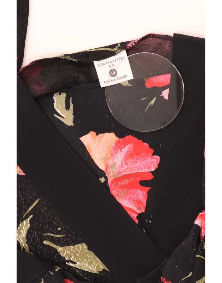Camicetta camicia vintage da donna UK 14 Poliestere floreale nero medio