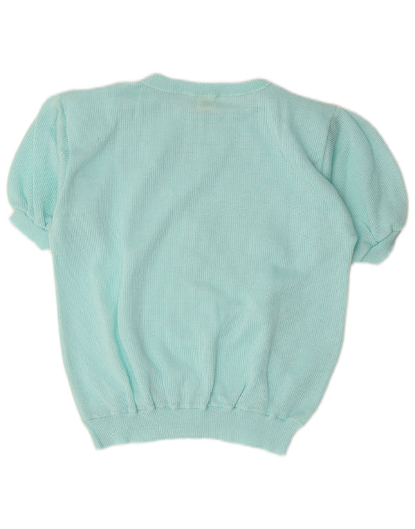 Vintage Womens Short Sleeve Boat Neck Jumper Sweater UK 14 Medium Blue